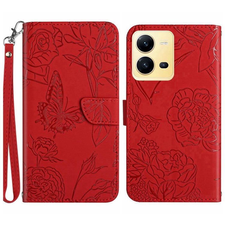 For vivo X80 Lite 5G / V25 5G HT03 Imprinted Butterfly Flowers Wallet Case Skin-touch PU Leather Magnetic Closure Flip Stand Cover with Strap - Red