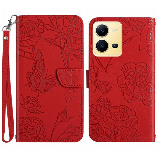 For vivo X80 Lite 5G / V25 5G HT03 Imprinted Butterfly Flowers Wallet Case Skin-touch PU Leather Magnetic Closure Flip Stand Cover with Strap - Red