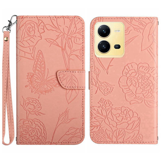 For vivo X80 Lite 5G / V25 5G HT03 Imprinted Butterfly Flowers Wallet Case Skin-touch PU Leather Magnetic Closure Flip Stand Cover with Strap - Pink