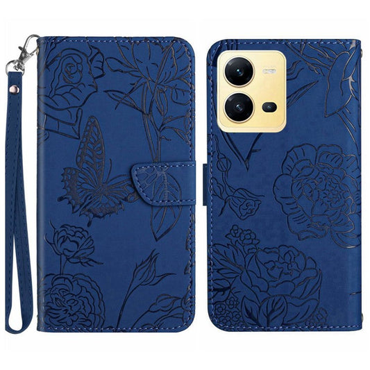 For vivo X80 Lite 5G / V25 5G HT03 Imprinted Butterfly Flowers Wallet Case Skin-touch PU Leather Magnetic Closure Flip Stand Cover with Strap - Blue