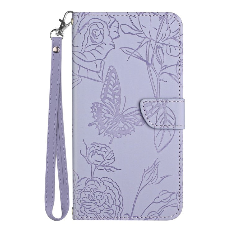 For vivo X80 Lite 5G / V25 5G HT03 Imprinted Butterfly Flowers Wallet Case Skin-touch PU Leather Magnetic Closure Flip Stand Cover with Strap - Light Purple