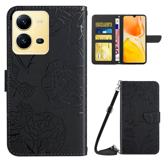 For vivo X80 Lite 5G / V25 5G HT03 Imprinted Butterfly Flowers Wallet Phone Case Skin-Touch PU Leather Shockproof Stand Flip Cover with Shoulder Strap - Black