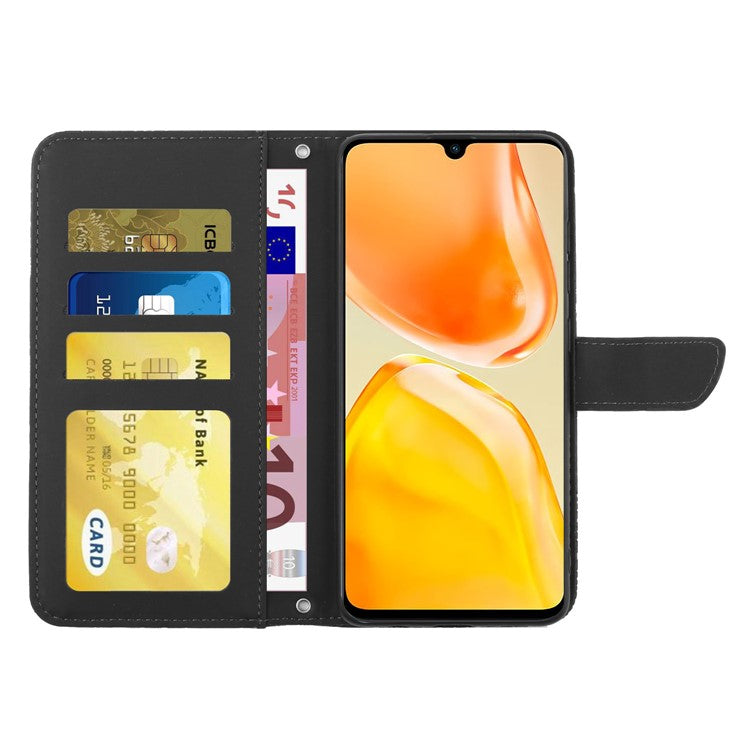 For vivo X80 Lite 5G / V25 5G HT03 Imprinted Butterfly Flowers Wallet Phone Case Skin-Touch PU Leather Shockproof Stand Flip Cover with Shoulder Strap - Black