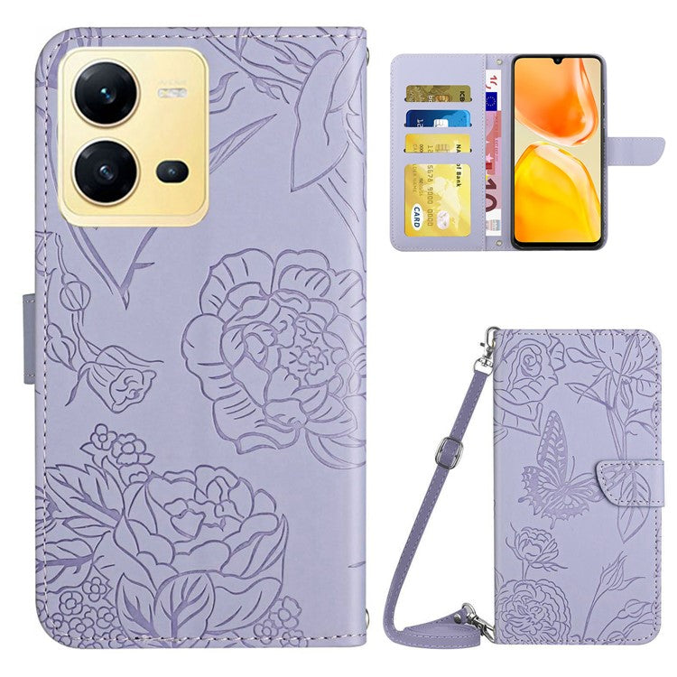 For vivo X80 Lite 5G / V25 5G HT03 Imprinted Butterfly Flowers Wallet Phone Case Skin-Touch PU Leather Shockproof Stand Flip Cover with Shoulder Strap - Light Purple
