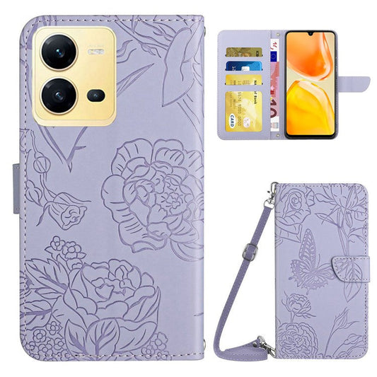 For vivo X80 Lite 5G / V25 5G HT03 Imprinted Butterfly Flowers Wallet Phone Case Skin-Touch PU Leather Shockproof Stand Flip Cover with Shoulder Strap - Light Purple