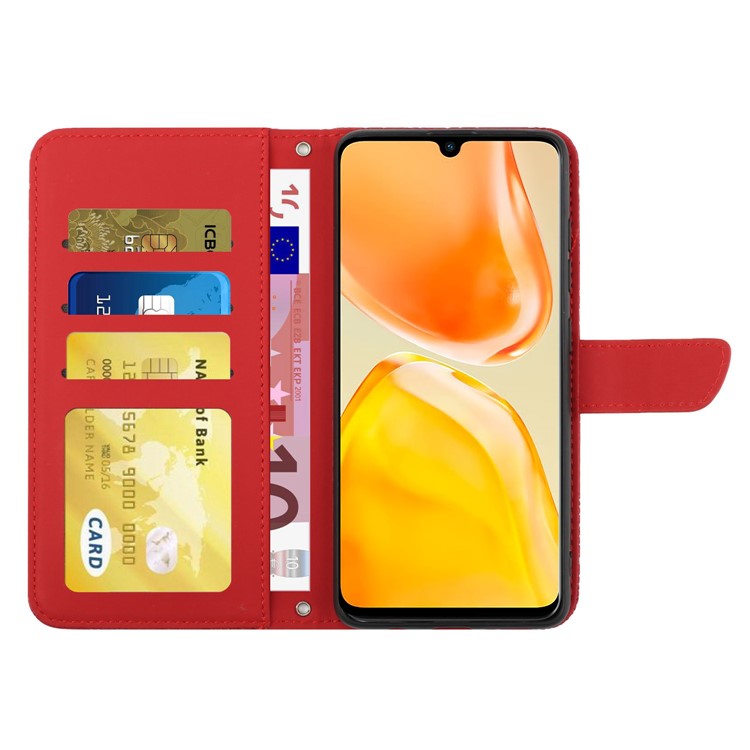 For vivo X80 Lite 5G / V25 5G HT03 Imprinted Butterfly Flowers Wallet Phone Case Skin-Touch PU Leather Shockproof Stand Flip Cover with Shoulder Strap - Red