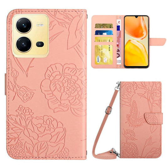 For vivo X80 Lite 5G / V25 5G HT03 Imprinted Butterfly Flowers Wallet Phone Case Skin-Touch PU Leather Shockproof Stand Flip Cover with Shoulder Strap - Pink