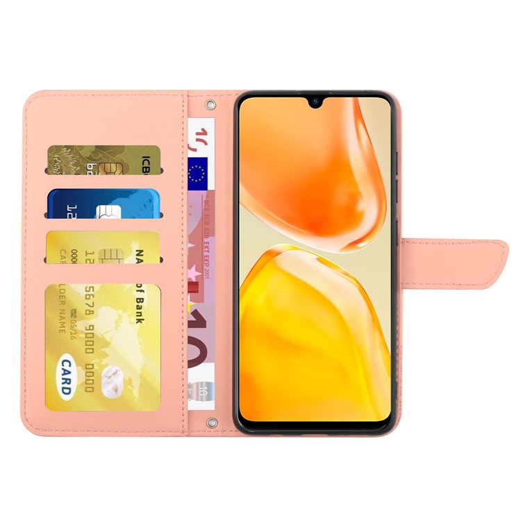 For vivo X80 Lite 5G / V25 5G HT03 Imprinted Butterfly Flowers Wallet Phone Case Skin-Touch PU Leather Shockproof Stand Flip Cover with Shoulder Strap - Pink