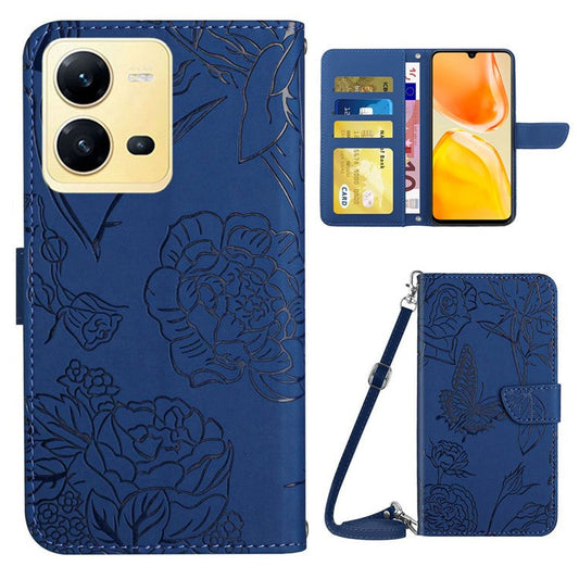 For vivo X80 Lite 5G / V25 5G HT03 Imprinted Butterfly Flowers Wallet Phone Case Skin-Touch PU Leather Shockproof Stand Flip Cover with Shoulder Strap - Blue