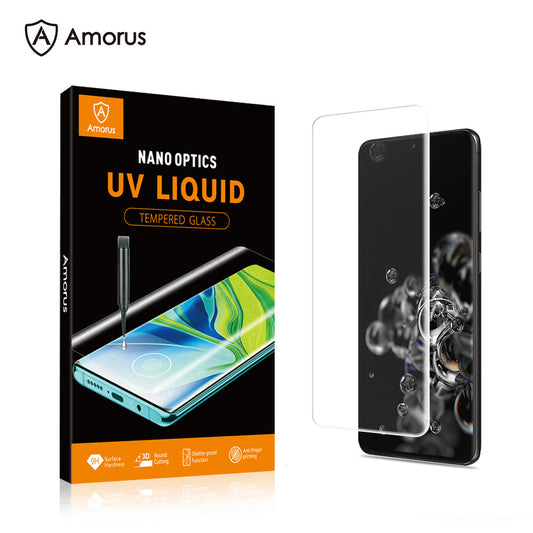 AMORUS Curved Edges Clear Screen Protector for Samsung Galaxy S20 Ultra Tempered Glass Complete Covering Film UV Liquid