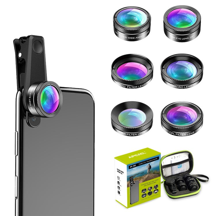 APEXEL APL-DG6 HD Multi-function Wide Angle / Star Filter / Macro / Fisheye / ND Filter / CPL Filter 6-in-1 Lens Kit