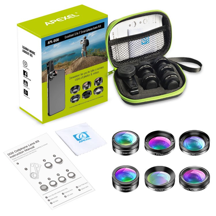APEXEL APL-DG6 HD Multi-function Wide Angle / Star Filter / Macro / Fisheye / ND Filter / CPL Filter 6-in-1 Lens Kit