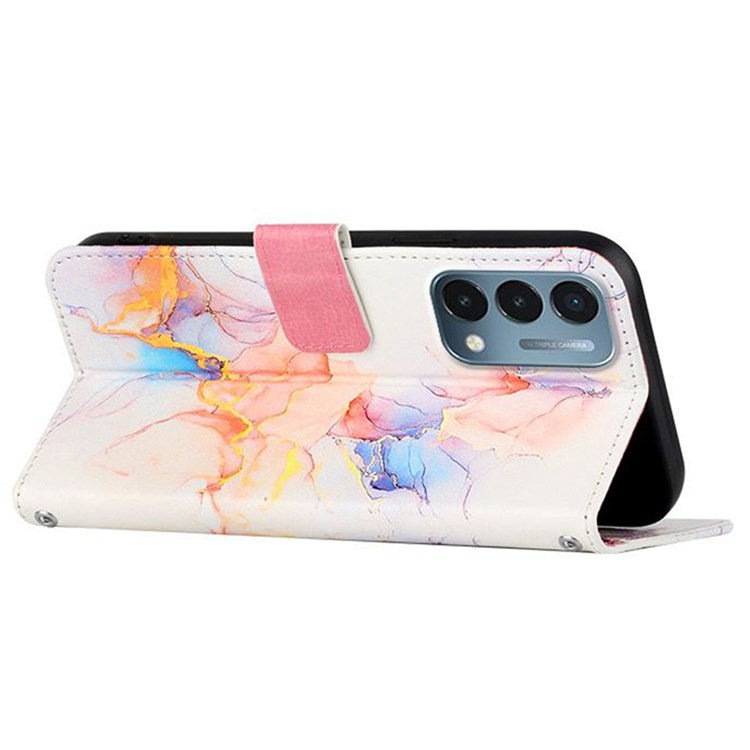 YB Pattern Printing Leather Series-5 for OnePlus Nord N200 5G/Oppo A74 5G, Marble Pattern Leather Wallet Case Adjustable Stand Shell + Strap - Milky Way Marble White LS004