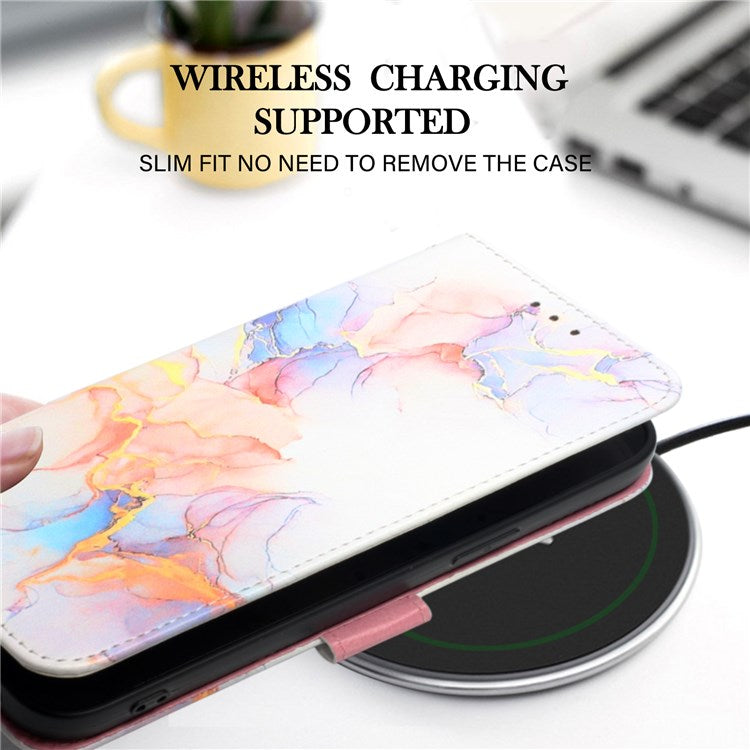 YB Pattern Printing Leather Series-5 for OnePlus Nord N200 5G/Oppo A74 5G, Marble Pattern Leather Wallet Case Adjustable Stand Shell + Strap - Milky Way Marble White LS004
