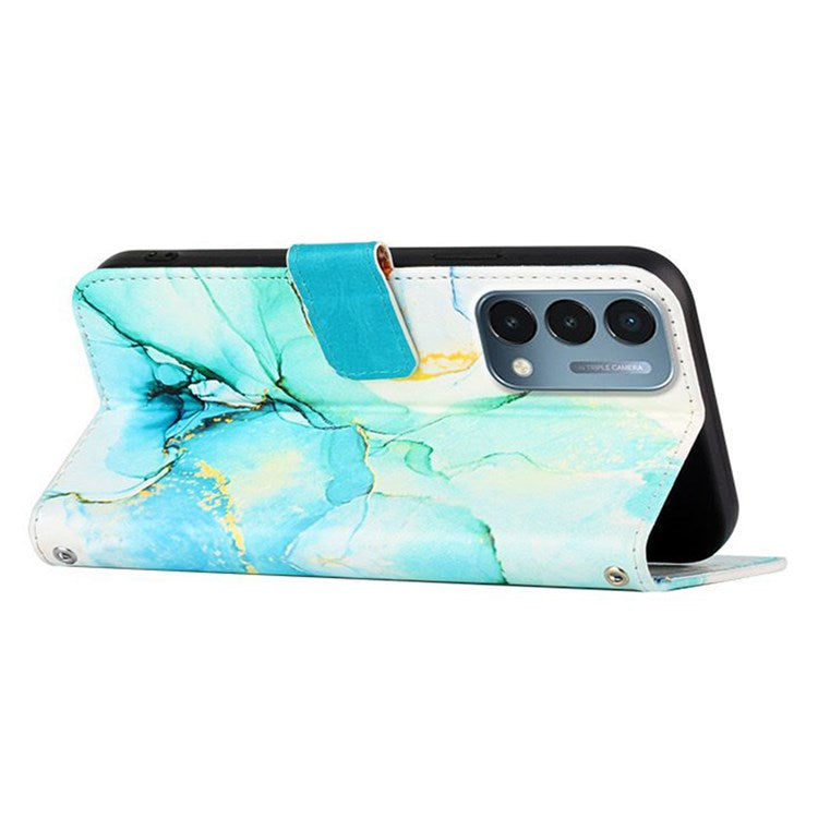 YB Pattern Printing Leather Series-5 for OnePlus Nord N200 5G/Oppo A74 5G, Marble Pattern Leather Wallet Case Adjustable Stand Shell + Strap - Green LS003