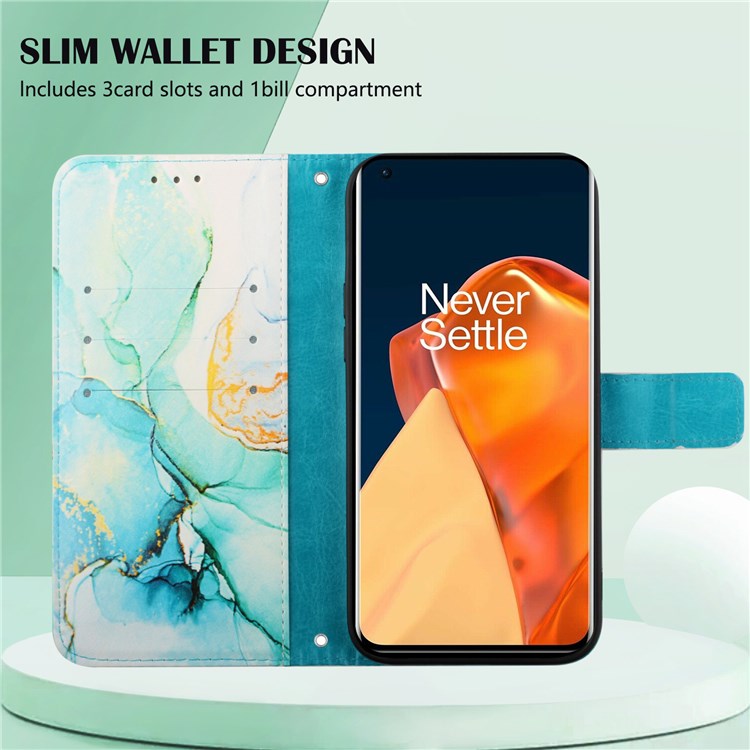 YB Pattern Printing Leather Series-5 for OnePlus Nord N200 5G/Oppo A74 5G, Marble Pattern Leather Wallet Case Adjustable Stand Shell + Strap - Green LS003