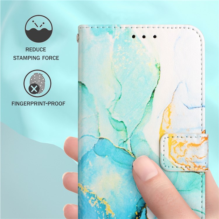YB Pattern Printing Leather Series-5 for OnePlus Nord N200 5G/Oppo A74 5G, Marble Pattern Leather Wallet Case Adjustable Stand Shell + Strap - Green LS003