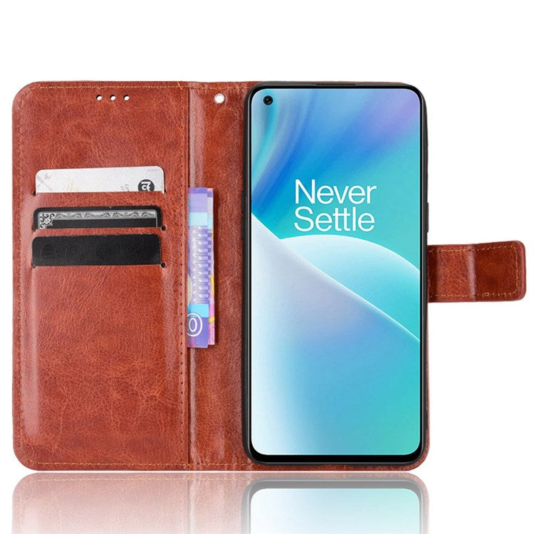 For OnePlus Nord 2T 5G Shockproof PU Leather Flip Case Crazy Horse Texture Inner TPU Anti-Scratch Stand Wallet Cover with Strap - Brown