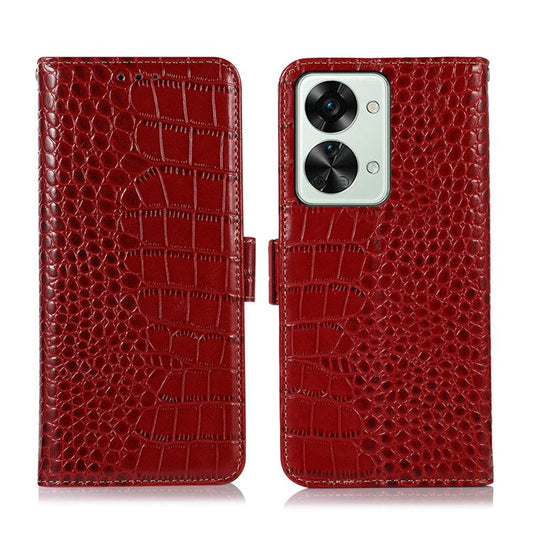 For OnePlus Nord 2T 5G Genuine Cowhide Leather Folio Flip Cover Shell Crocodile Texture RFID Blocking Stand Magnetic Closure Wallet Case - Red