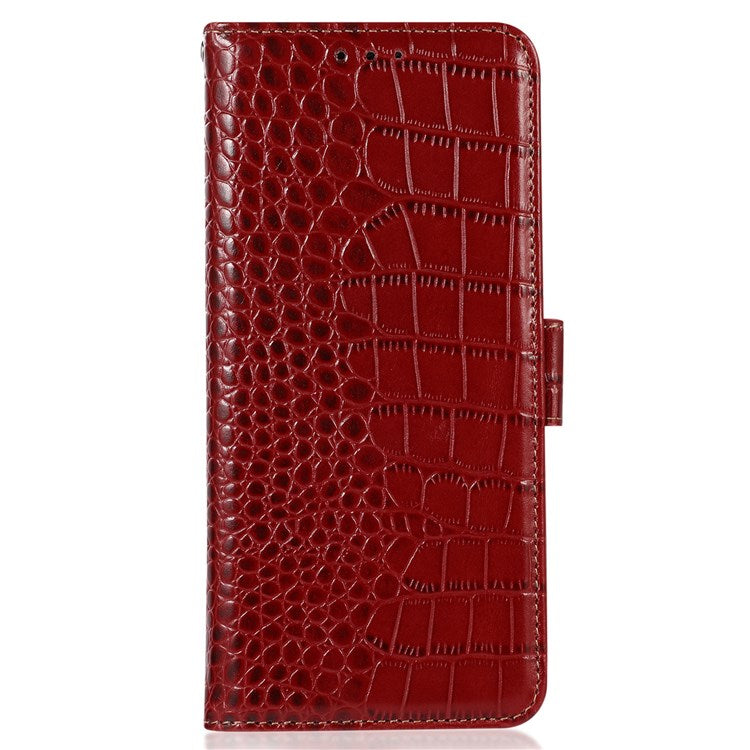 For OnePlus Nord 2T 5G Genuine Cowhide Leather Folio Flip Cover Shell Crocodile Texture RFID Blocking Stand Magnetic Closure Wallet Case - Red