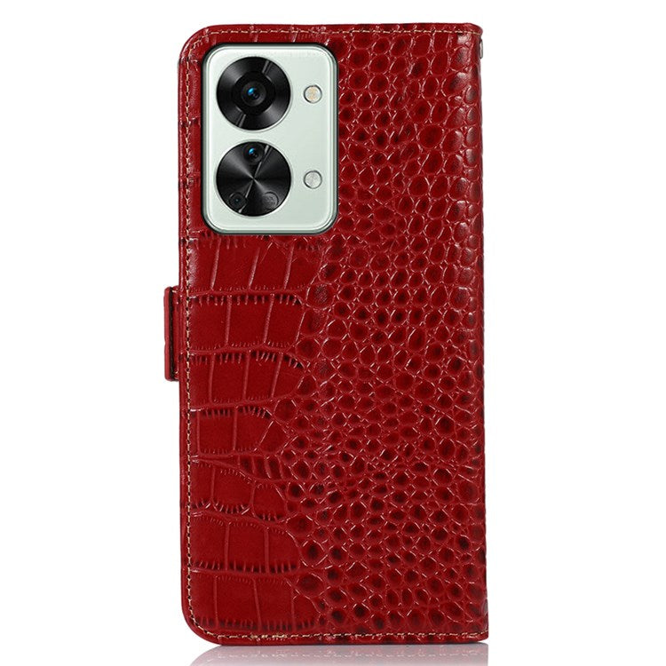 For OnePlus Nord 2T 5G Genuine Cowhide Leather Folio Flip Cover Shell Crocodile Texture RFID Blocking Stand Magnetic Closure Wallet Case - Red