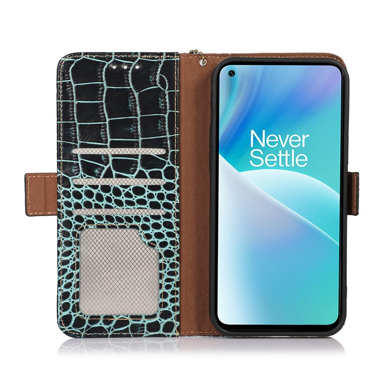 For OnePlus Nord 2T 5G Genuine Cowhide Leather Folio Flip Cover Shell Crocodile Texture RFID Blocking Stand Magnetic Closure Wallet Case - Green