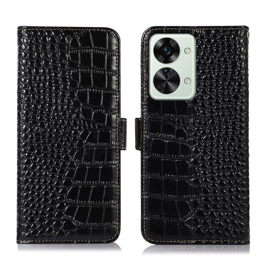 For OnePlus Nord 2T 5G Genuine Cowhide Leather Folio Flip Cover Shell Crocodile Texture RFID Blocking Stand Magnetic Closure Wallet Case - Black