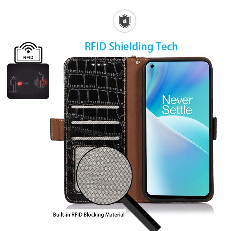 For OnePlus Nord 2T 5G Genuine Cowhide Leather Folio Flip Cover Shell Crocodile Texture RFID Blocking Stand Magnetic Closure Wallet Case - Black