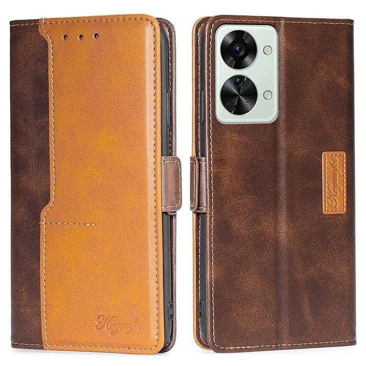 For OnePlus Nord 2T 5G Contrast Color Splicing PU Leather Case Wallet Stand Anti-drop Protection Phone Cover - Dark Brown/Gold