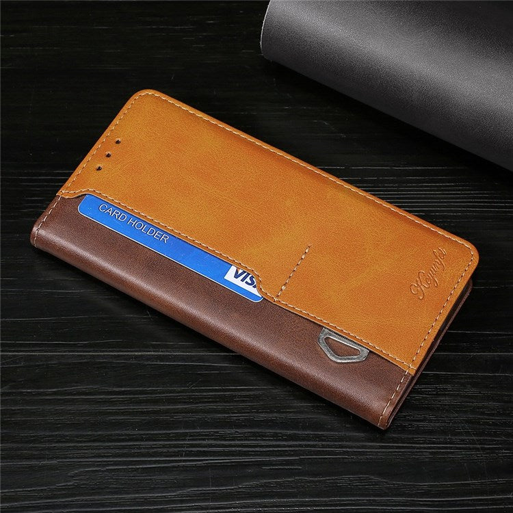 For OnePlus Nord 2T 5G Contrast Color Splicing PU Leather Case Wallet Stand Anti-drop Protection Phone Cover - Dark Brown/Gold