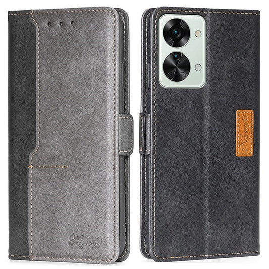 For OnePlus Nord 2T 5G Contrast Color Splicing PU Leather Case Wallet Stand Anti-drop Protection Phone Cover - Black/Grey