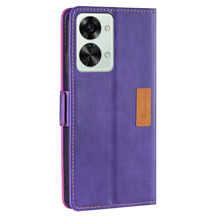 For OnePlus Nord 2T 5G Contrast Color Splicing PU Leather Case Wallet Stand Anti-drop Protection Phone Cover - Purple/Rose