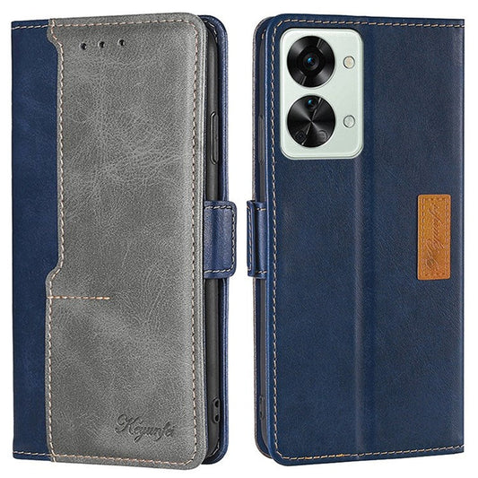 For OnePlus Nord 2T 5G Contrast Color Splicing PU Leather Case Wallet Stand Anti-drop Protection Phone Cover - Blue/Grey