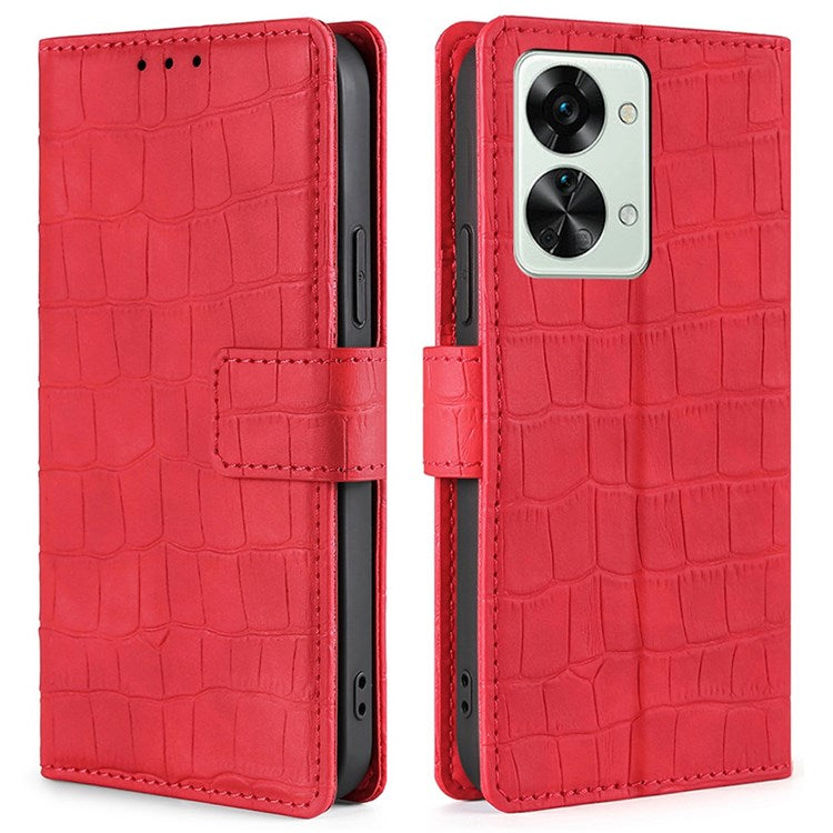 For OnePlus Nord 2T 5G Shockproof Leather Case Stand Wallet Crocodile Texture Skin-touch Feeling Phone Cover - Red
