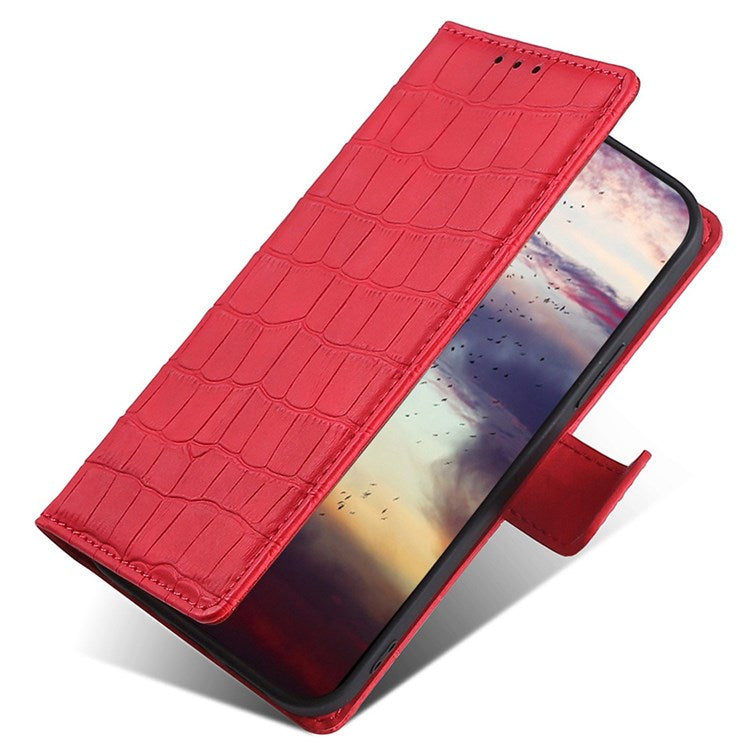For OnePlus Nord 2T 5G Shockproof Leather Case Stand Wallet Crocodile Texture Skin-touch Feeling Phone Cover - Red