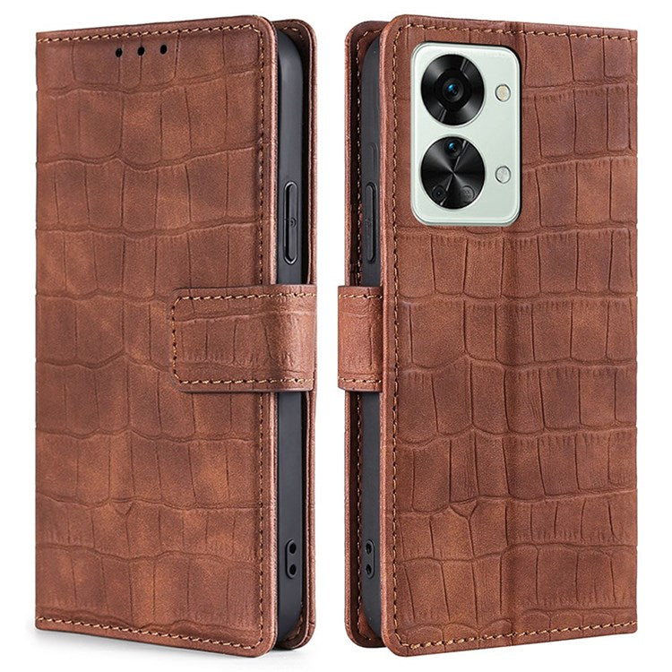 For OnePlus Nord 2T 5G Shockproof Leather Case Stand Wallet Crocodile Texture Skin-touch Feeling Phone Cover - Brown