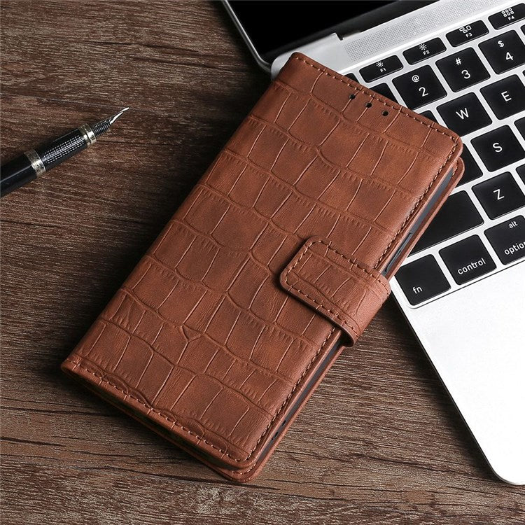 For OnePlus Nord 2T 5G Shockproof Leather Case Stand Wallet Crocodile Texture Skin-touch Feeling Phone Cover - Brown