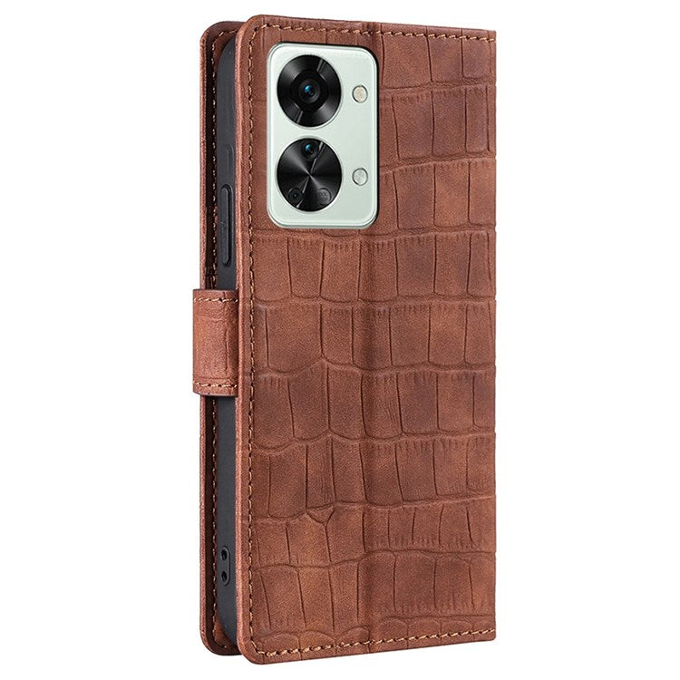 For OnePlus Nord 2T 5G Shockproof Leather Case Stand Wallet Crocodile Texture Skin-touch Feeling Phone Cover - Brown