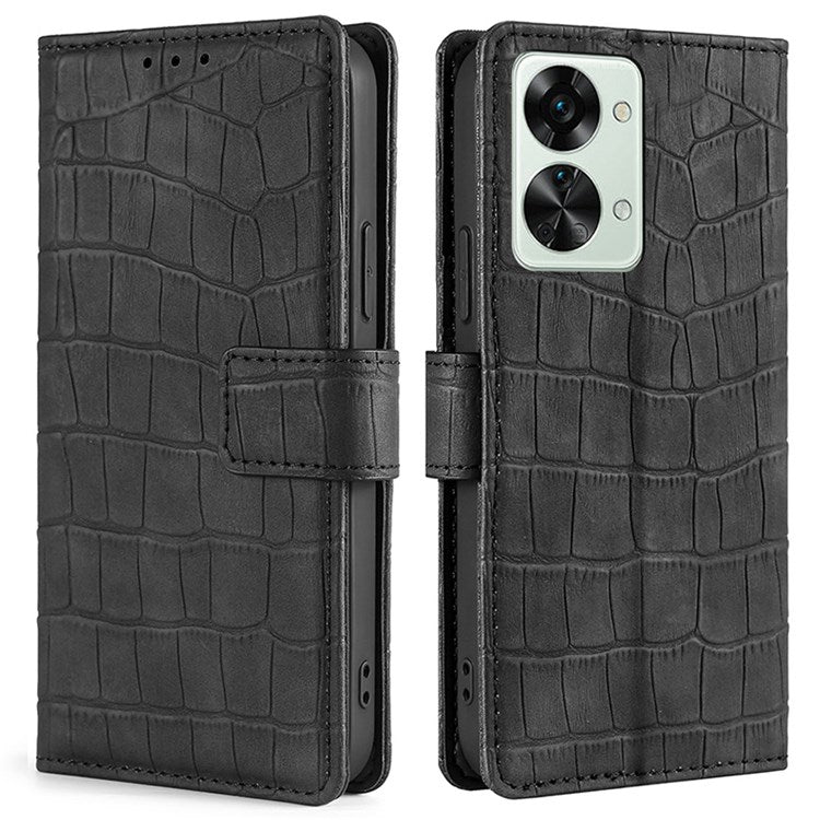 For OnePlus Nord 2T 5G Shockproof Leather Case Stand Wallet Crocodile Texture Skin-touch Feeling Phone Cover - Black