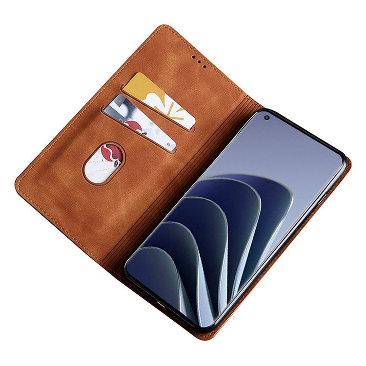 Card Holder PU Leather Case for OnePlus Nord 2T 5G, Stand Magnetic Auto-absorbed Protective Cover - Light Brown