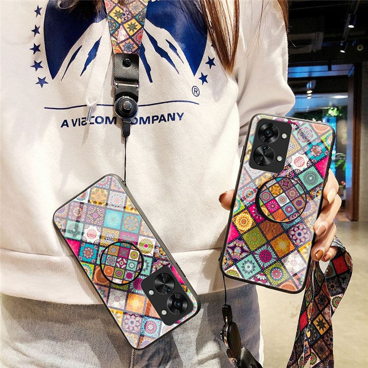 For OnePlus Nord 2T 5G Flower Pattern Phone Case Tempered Glass + PC + TPU Kickstand Protective Cover with Lanyard - Checkered Pattern