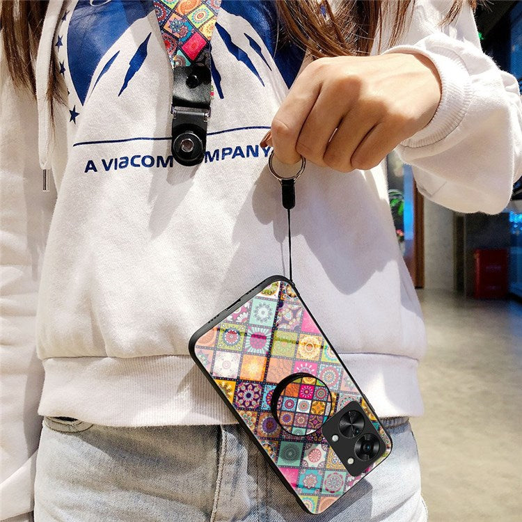 For OnePlus Nord 2T 5G Flower Pattern Phone Case Tempered Glass + PC + TPU Kickstand Protective Cover with Lanyard - Checkered Pattern