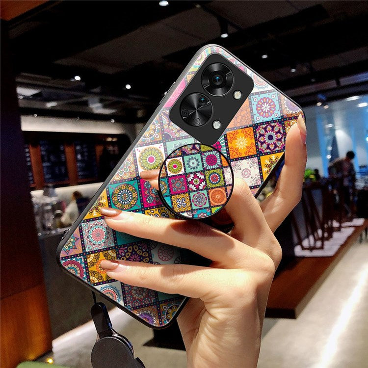 For OnePlus Nord 2T 5G Flower Pattern Phone Case Tempered Glass + PC + TPU Kickstand Protective Cover with Lanyard - Checkered Pattern