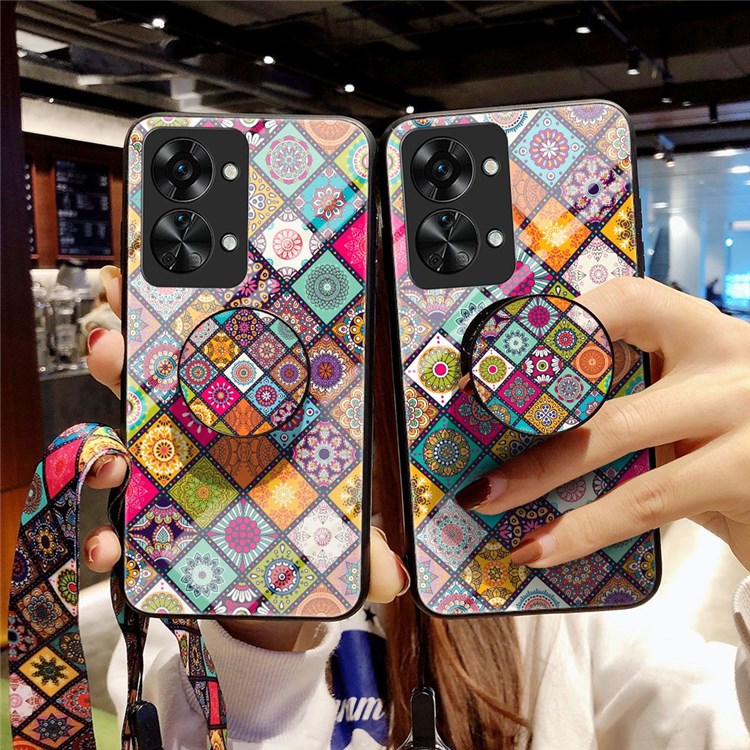 For OnePlus Nord 2T 5G Flower Pattern Phone Case Tempered Glass + PC + TPU Kickstand Protective Cover with Lanyard - Checkered Pattern