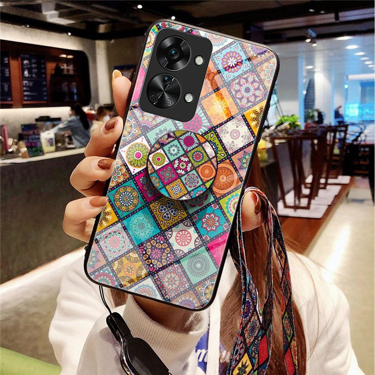 For OnePlus Nord 2T 5G Flower Pattern Phone Case Tempered Glass + PC + TPU Kickstand Protective Cover with Lanyard - Checkered Pattern