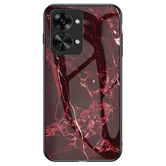 For OnePlus Nord 2T 5G Tempered Glass + PC Back TPU Frame Hybrid Cover Marble Pattern Shockproof Anti-scratch Phone Shell - Blood Red Marble