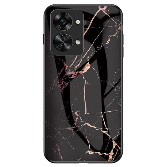 For OnePlus Nord 2T 5G Tempered Glass + PC Back TPU Frame Hybrid Cover Marble Pattern Shockproof Anti-scratch Phone Shell - Gold Black Marble