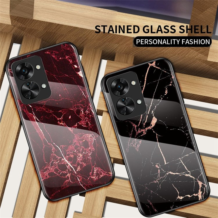For OnePlus Nord 2T 5G Tempered Glass + PC Back TPU Frame Hybrid Cover Marble Pattern Shockproof Anti-scratch Phone Shell - Gold Black Marble