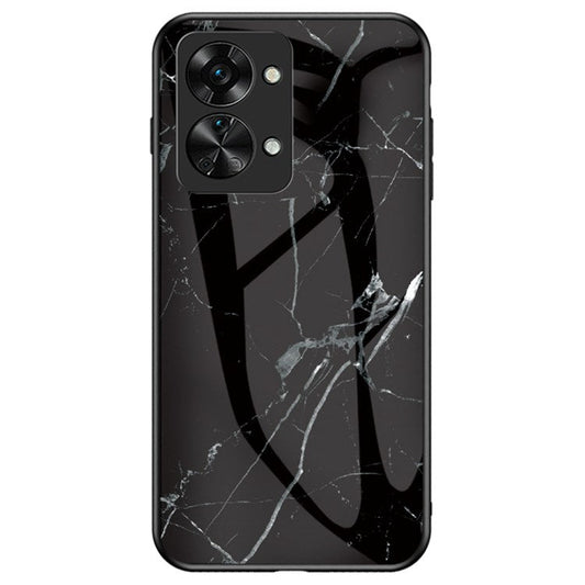 For OnePlus Nord 2T 5G Tempered Glass + PC Back TPU Frame Hybrid Cover Marble Pattern Shockproof Anti-scratch Phone Shell - Black Marble