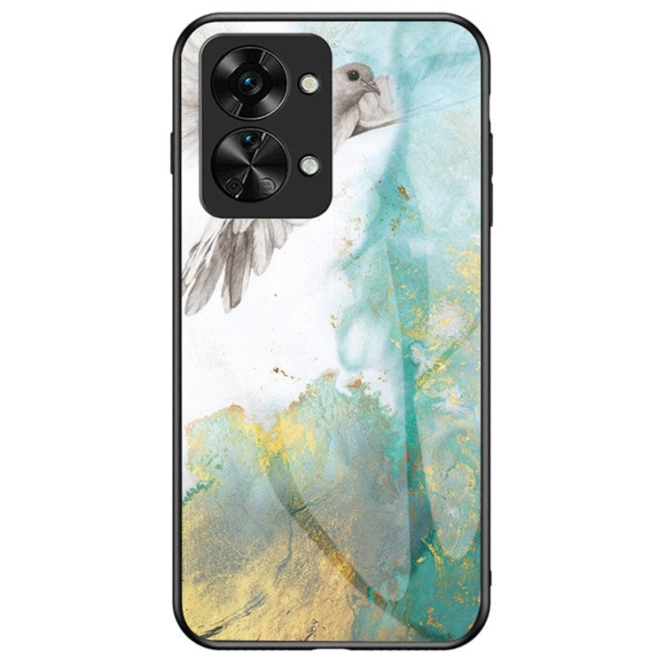 For OnePlus Nord 2T 5G Tempered Glass + PC Back TPU Frame Hybrid Cover Marble Pattern Shockproof Anti-scratch Phone Shell - Flying Pigeon Marble